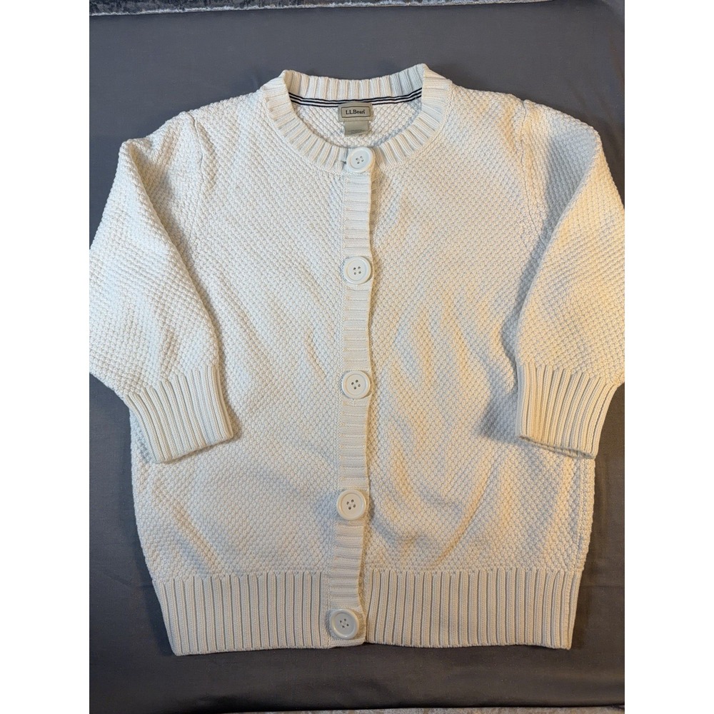 L.L.Bean Women White Cardigan Sweater Heavyweight Textured Knit 3/4 Sleeve